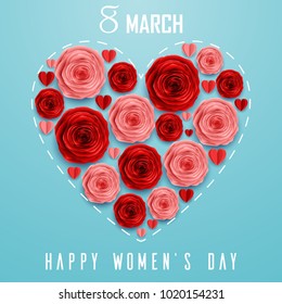 Roses in a shape of heart for International Happy Women's Day on blue background