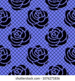 Roses silhouette on a diagonal grid. Seamless fashion pattern. Vector illustration isolated on a blue background.