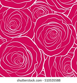 Roses silhouette in red colors. Seamless background pattern. Hand drawn monochrome elements. Vector illustration.