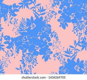 Roses silhouettes. Seamless pattern made of bouquet of roses, garden flowers and herbs. Vintage style. Flat design for fashion, textile, fabric, clothes, dress, wallpaper, wrapper.