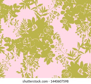 Roses silhouettes. Seamless pattern made of bouquet of roses, garden flowers and herbs. Vintage style. Flat design for fashion, textile, fabric, clothes, dress, wallpaper, wrapper.
