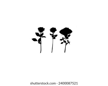 Roses Silhouettes. Set of decorative rose with leaves. Flower silhouette. Set of three vector black silhouettes of rose flowers isolated on a white background. Vector roses silhouettes.