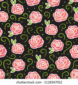 Roses sketch seamless texture pattern. Hand drawing flowers with green curls. Vector illustration isolated on black background.