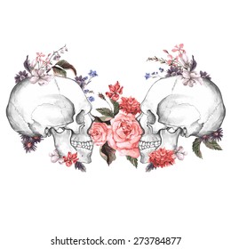 Roses and Skull, Day of The Dead, Vintage Vector illustration