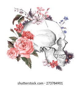 Roses and Skull, Day of The Dead, Vintage Vector illustration