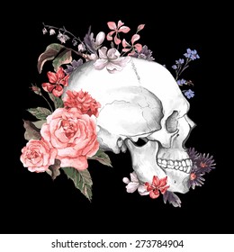 Roses and Skull, Day of The Dead, Vintage Vector illustration