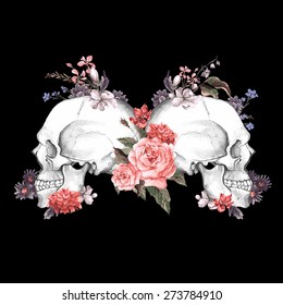 Roses and Skull, Day of The Dead, Vintage Vector illustration