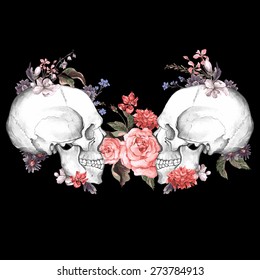 Roses and Skull, Day of The Dead, Vintage Vector illustration