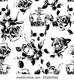 Roses and skull grunge style seamless pattern. Gothic romantic beautiful endless background.