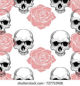 roses and skulls seamless pattern