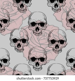 roses and skulls seamless pattern