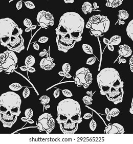 Roses and Skulls Seamless Pattern - vector illustration