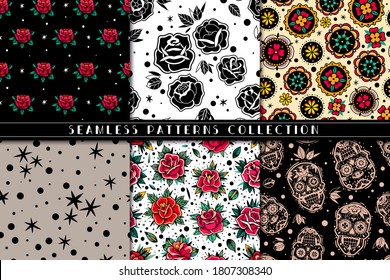 Roses and skulls seamless patterns collection. Vector illustration. Day of the dead sugar colorful heads and flowers.