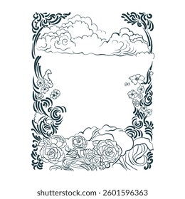 roses sky clouds vector nature frame line artistic