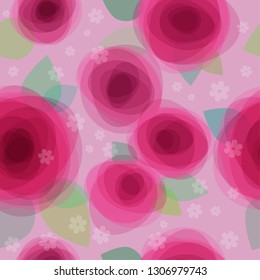 Roses and small flowers seamless pattern. Flowers with leaves on pink background. Transparent elements.