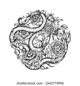 Roses and snake. Element for design. Graphic drawing, engraving style. Vector illustration..
