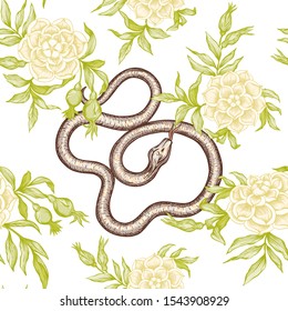 Roses and snake. Seamless pattern, background. Graphic drawing, engraving style. Vector illustration. In art nouveau style, vintage, old, retro style