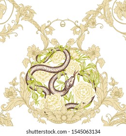 Roses and snake. Seamless pattern, background. Graphic drawing, engraving style. Vector illustration. In art nouveau style, vintage, old, retro style