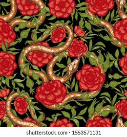 Roses and snake. Seamless pattern, background. Graphic drawing, engraving style. Vector illustration. In art nouveau style, vintage, old, retro style..