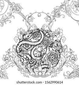 Roses and snake. Seamless pattern, background. Graphic drawing, engraving style. Vector illustration. In art nouveau style, vintage, old, retro style