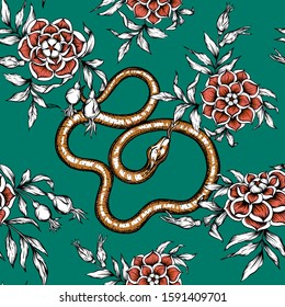 Roses and snake. Seamless pattern, background. Graphic drawing, engraving style. Vector illustration. In art nouveau style, vintage, old, retro style