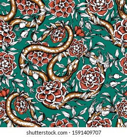 Roses and snake. Seamless pattern, background. Graphic drawing, engraving style. Vector illustration. In art nouveau style, vintage, old, retro style