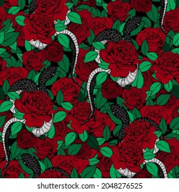 Roses and snakes seamless pattern. Vintage tattoo print.