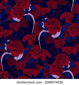 Roses and snakes seamless pattern. Vintage tattoo print.