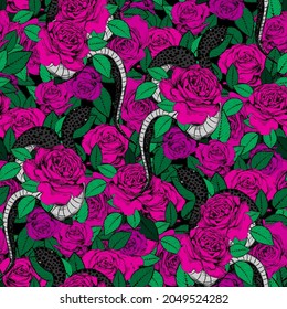 Roses and snakes seamless pattern. Vintage tattoo print.