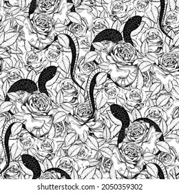 Roses and snakes seamless pattern. Vintage tattoo print.