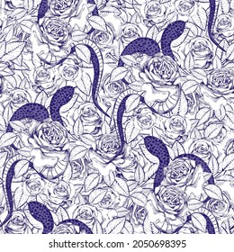 Roses and snakes seamless pattern. Vintage tattoo print.