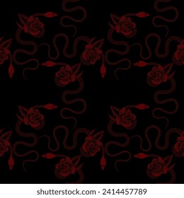 Roses and snakes. Vintage tattoo drawing. Vector illustration