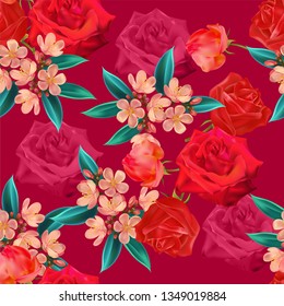 Roses and Spicy Jatropha  seamless pattern vector illustration