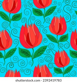 roses with spiral shrubs with blue background seamless pattern