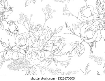 Roses and spring flowers seamless pattern. Outline hand drawing vector illustration.. Vector illustration.