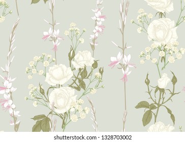 Roses and spring flowers seamless pattern. Graphic drawing, engraving style. Vector illustration.