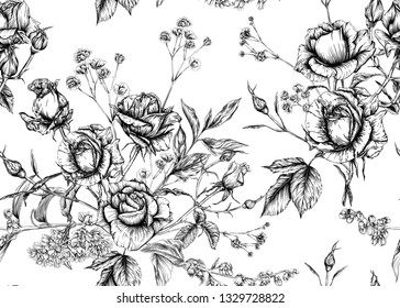 Roses and spring flowers seamless pattern. Graphic drawing, engraving style. Vector illustration.