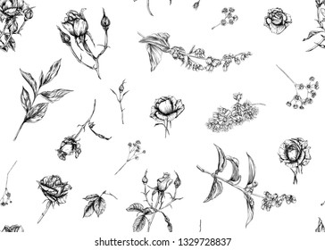 Roses and spring flowers seamless pattern. Graphic drawing, engraving style. Vector illustration.