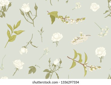 Roses and spring flowers seamless pattern. Graphic drawing, engraving style. Vector illustration.