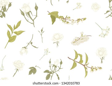 Roses and spring flowers seamless pattern. Graphic drawing, engraving style. Vector illustration.