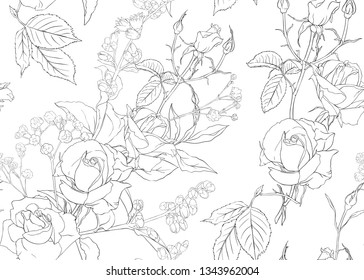 Roses and spring flowers seamless pattern. Outline hand drawing vector illustration.. Vector illustration.