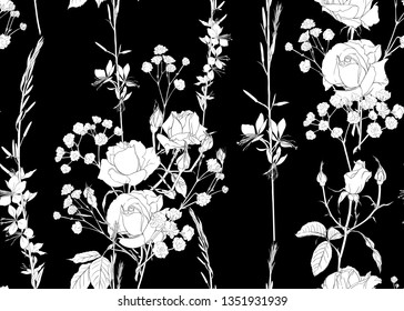 Roses and spring flowers seamless pattern. Black and white graphics. Vector illustration. Vector illustration.