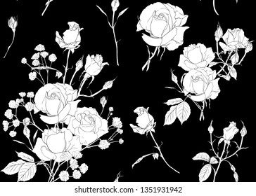 Roses and spring flowers seamless pattern. Black and white graphics. Vector illustration. Vector illustration.