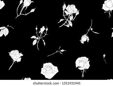Roses and spring flowers seamless pattern. Black and white graphics. Vector illustration. Vector illustration.