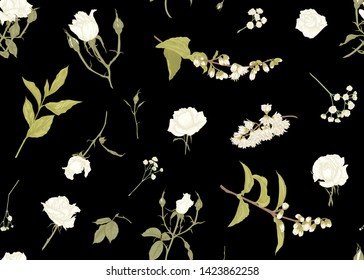 Roses and spring flowers seamless pattern. Graphic drawing, engraving style. Vector illustration. Isolated on black background.
