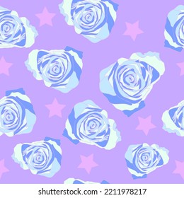 Roses and stars seamless pattern. blue roses with purple stars surface seamless pattern design. It is suitable for interior, design, textile, fabric and many more.