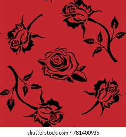 Roses with stems and leaves on a red background. Roses lined circle. Seamless pattern of beautiful black roses Hand drawn. Vector illustration.