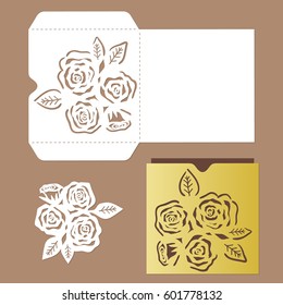 Roses stencil.  laser cut template . Vector pattern of laser cutting. Envelope for cards or invitations.