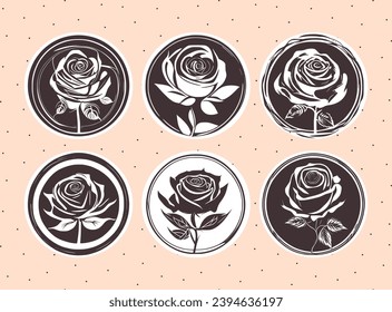 Conjunto de stickers de rosas.Silueta de contorno de flores de rosa en círculo.Esténcil floral bello elemento de boda.Logo de salón de belleza.Decoración.Decoración.Impresión.Decal de pegatinas de paredes de vinilo.Recorte láser de perdigones. DIY