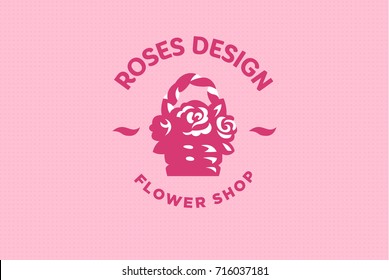 Roses in a straw basket. Vector emblem.